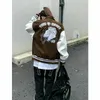 Vintage baseball varsity jacket men leather sleeves brown bomber jacket casual college coat women sheep group embroidered letter 240222