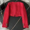 Högkvalitativ chic höst Winter Red Woolen kortjacka kappa söta mode kvinnor o nacke enstaka bröst tweed väv beskurna toppar 230226