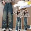 Mode Große Mädchen Loch Jeans Alte Kinder PU Leder Gürtel Breite bein Denim 2024 Frühling Teenager Gerade Cowboys Hosen z6903