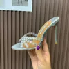 Rhinestones Mules Slides Sandals stiletto heels 10cm 8.5cm women's luxury designer Genuine leather sole Dress wedding shoes factory footwear