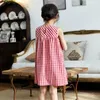 Girl Dresses 2024 Summer Cotton Kids Dress 4-14 Yrs Girls Red Plaid Loose Sleeveless Teens Casual Clothes Toddler Bohemian