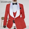 Abiti Gwenhwyfar Jacquard Champagne Abito da uomo 2022 Scialle Risvolto Slim Fit Giacca + gilet + pantaloni per la cerimonia nuziale Sposo Uomo d'affari Smoking del partito