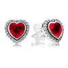 Stud Earrings Authentic 925 Sterling Silver Earring Sparkling Rose Love Heart With Red Crystal For Women Gift Fashion Jewelry