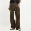 Kvinnor Pants Button-Zipper Straight-Ben Jeans Leopard Print unisex Hop med Wide Leg Button dragkedja stängning mjuk streetwear för ung