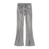 Damesjeans Denim met hoge taille, hoge taille, gescheurd, uitlopend, met riemdecor, splitzoom, streetwear broek in effen kleur