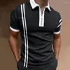 Men's Polos Summer Casual Polo Shirt Striped Short Sleeve T-Shirt Breathable Top Commercial Zipper Lapel Street Wear