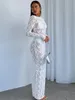 Sexy Womens Autumn O-neck Long Sleeve Hollow Out White Lace Dress Streetwear Elegant See-through Bodycon Black Party Dresses 240229