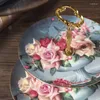 Borden Rose Flower Bone China Triple Decker Fruitgerechten Taartbord Snoepschotel Keramisch dienblad Porselein Servies Decoratie