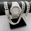 Wristwatches 3 2Pcs Necklace Watch Bracelet Hip Hop Miami Cuban Chain Gold Color Iced Out Paved Rhinestone Rapper Men Jewelry Set 277e