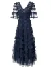 デザイナー夏の女性滑走路高品質ファッションパーティーメッシュ豪華なセクシーなフリルケーキクラシックスウィートシックなロングドレス