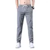 Men's Pants Men Drawstring Elastic Waist Pockets Straight Slim Slightly Strechy Ankle Length Mid Long Trousers