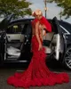 Red Sequins Split Mermaid Prom Dress Black Girls Sheer Neck Ruffles For African Women Evening Party Gowns