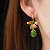 Boucles d'oreilles pendantes en jaspe papillon, vert frais foncé, goutte d'eau naturelle, longue et élégante pour femme