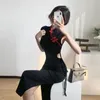 Vintage sexy senza maniche femminile qipao classico elegante colletto alla coreana lungo cheongsam sexy slim split abito cinese abiti 240220