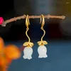 Dangle Earrings Natural Hetian Jade Lily Eardrops White Magnolia Flower Women's Fashion Golden Leaf