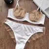 BHs Sets Ultradünne transparente Spitzen-BH und Slips Set Unterwäsche mit Stahlring Satin Patchwork Sexy Dessous Damen Ungefütterte Dessous