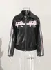 Elegant Bow Y2k Leather Polo-neck Womens Jacket Zipper Long Sleeve Female Overzied Cool Coat Autumn Chic Motocycle Streetwears 240227