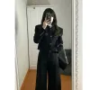 Костюмы Черные комплекты из двух предметов Женские наряды Осень 2023 г. Новый укороченный пиджак с длинными рукавами и круглым вырезом + брюки с высокой талией и широкими штанинами