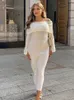 Elegant womens shoulder knitted long dress fashionable and warm autumn long sleeved ultra-thin dress solid shoulder office womens robe 240229