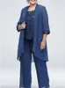 Ensembles assortis grande taille bleu 3 pièces, tenue pour mariage, robe mère de la mariée, manches 3/4, pantalon en mousseline de soie et dentelle pour femmes, 240219