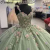 Vestido De fiesta De flores 3D colorido verde salvia, Vestidos De quinceañera con tirantes finos, apliques florales, corsé De encaje, Vestidos De 15 anos