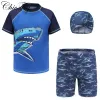 Hoeden Kid Jongens Badpak Badmode Strandkleding Sets Zwemtopjes met korte mouwen Zwembroeken en Hoed Zomeroutfits Rash Guard Zwemkleding