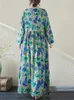 Robes décontractées 2024 Printemps Automne Coton Bleu Floral Vintage Pour Femmes Lâche Longue Mode Élégante Robe D'art Bureau Dame Vêtements