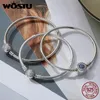 Wostu 925 Sterling Silver Armband Barrel Snap Clasp Cubic Zirconia Bangle Armband Chain Armband Charm Size 17 21 240219