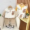 Kledingsets Jongens Leuke Geborduurde Cartoon Beer Revers Top En Broek Pak 3-4 Jaar Kinderen Katoen Casual outfit 2 stks/set