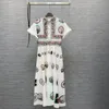 Milan Runway Dress 2024 White Lapel Neck Short Sleeves Slim Prints Buttons Long Dresses Holiday Vestidos De Festa 22911