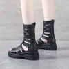 Sandálias desconto mulheres verão 2024 alto top roma zip oco peep toe plana com vestido preto botas femininas tendência em oferta