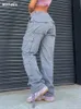 Femmes taille haute jambe large Baggy jean poche latérale Vintage Y2K Cargo pantalon petit ami pantalon ample Streetwear mode salopette 240227