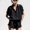 Damen-Trainingsanzüge, 2024, Sommer, kurzärmelig, Strand-Outfit, lässig, Knopfleiste, V-Ausschnitt, Hemden, Oberteil, elastische Taille, Shorts, Anzug, Straße, Frauen, Gruppe von