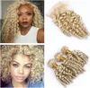 Cheveux humains péruviens Aunty Funmi Blonde Tisse avec fermeture supérieure 3Bundles 613 Blonde Romance Curls Trames de cheveux vierges avec dentelle 4x4 6334531