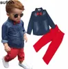 2018 Lente Mode Casual Children039s Kleding Set Baby Jongens Kleding Katoen Denim Shirts Met Lange Mouwen Rode Broek Kinderkleding 31077963