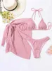 Swim wear 2023 New 3 Pieces Set Swimsuit Women Thong Swimwear Sexy Micro Bikini Set With Sarong Skirt White Beachwear Bathing Suit Pink 240229