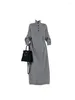 Casual Dresses Women Grey A-line Long Dress Vintage Harajuku Y2k Knitted Party Club Sleeve Evening 2000s One Piece Frocks Clothes