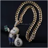 Hänge halsband Ny personlig 18k guldpläterad hiphop -tecknad pojke med stora pengar väska hänge halsband ed kedja iced ut cz zirkon dhtpq