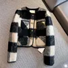 Autumn and winter womens gradient black and white plaid tweed short wool jacket round neck shoulder design 230226