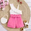 Set di abbigliamento EWODOS Set di bretelle diagonali con volant per bambini e pantaloncini con fiocco rosa con bordo elastico per 4-7 anni