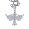 Iced Out Angel Wing Cross Necklace for Men Women Prong Setting Cubic Zirconia Silver Plated Pendant Hip Hop Jewelry 240226