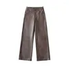 Women's Pants Low Waisted Straight Leg Leather Pu Brown Black Women Fall Winter Casual Loose Fitting