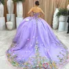 Lavendel lila från axeln quinceanera klänning med bågsspets applikation pärla tull mexikansk söt 16 vestidos de xv 15 anos