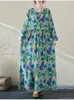 Robes décontractées 2024 Printemps Automne Coton Bleu Floral Vintage Pour Femmes Lâche Longue Mode Élégante Robe D'art Bureau Dame Vêtements