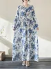 Robes décontractées 2024 Printemps Automne Coton Vintage Bleu Floral Pour Femmes Lâche Longue Robes Robe Élégante Bureau Dame Vêtements