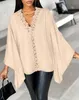 Kadın Tişörtleri Moda Kadın Bluz 2024 Bahar Giper Dantel V Yağ Batwing Sleeve Sıradan Ovası Uzun Günlük Top Y2K Giysileri