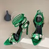 Sandales 2024 Sexy Vert Croix Cheville Sangle Femmes Party Club Stripper Talons Haute Qualité Cristal Diamant Pointu Toe Chaussure De Mariage