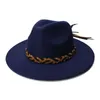 Berets LUCKYLIANJI Retro Women Men Vintage Wool Wide Brim Cap Fedora Panama Jazz Bowler Hat Knit Leather Band (57cm/adjust)