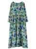 Robes décontractées 2024 Printemps Automne Coton Bleu Floral Vintage Pour Femmes Lâche Longue Mode Élégante Robe D'art Bureau Dame Vêtements