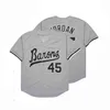 BG Baseball Jersey BIRMINGHAM BARONS 45 Jerseys Couture Broderie Sports Plein Air Hip Hop Noir Blanc Gris Haute Qualité 240228